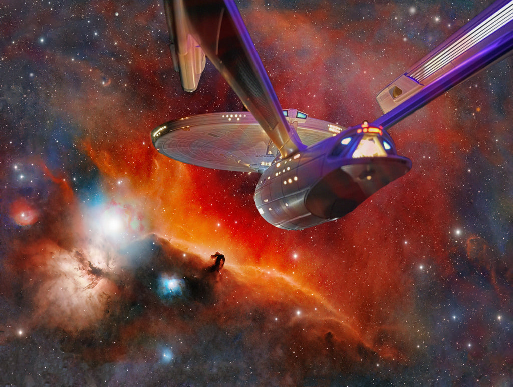 USS Enterprise near the Horsehead Nebula and Alnitak in Orion, cinematic astrophotography composite titled “At the Threshold of Orion”