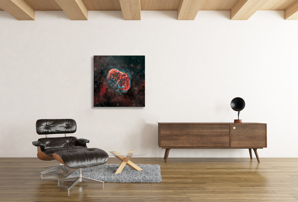 Crescent Nebula NGC 6888 astrophotography print fine Wolf-Rayet star Cygnus deep sky art displayed in modern interior 