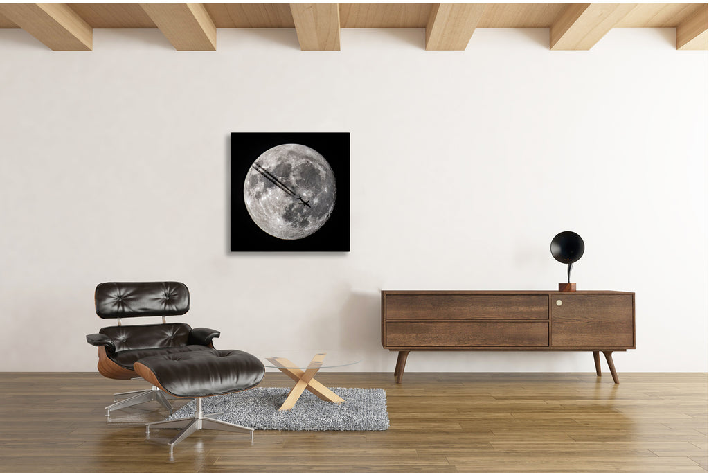 Crossing the Silent Disc Moon transit astrophotography fine art print displayed in modern interior 