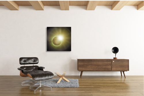 The Diamond ring solar eclipse astrophotography fine art print displayed in modern interior wall art setting 