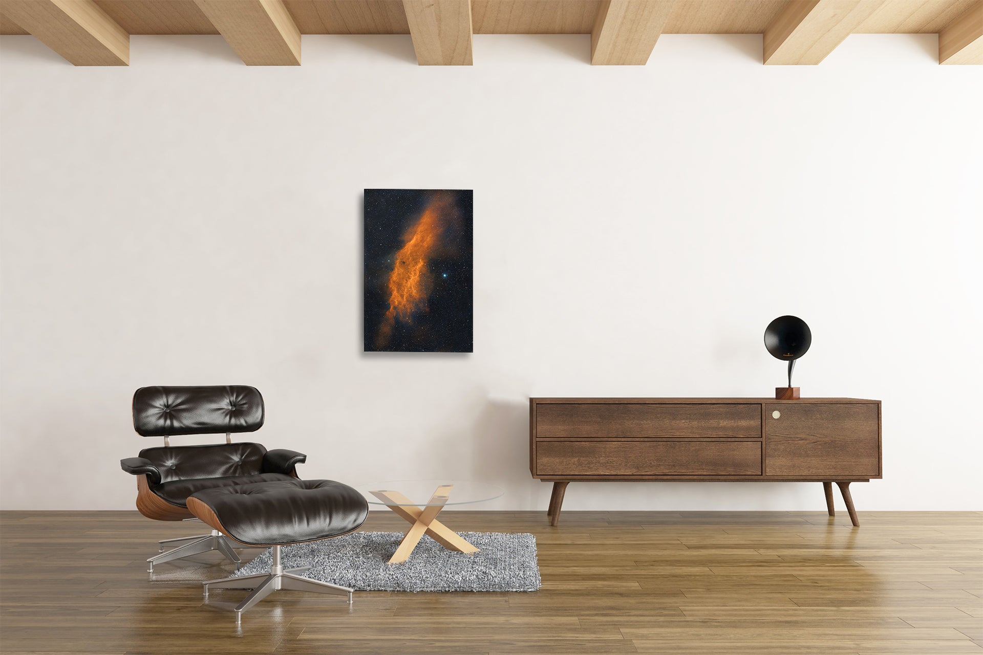 Fires of Perseus California Nebula NGC 1499 fine art astrophotography print showing fire-like nebula in Perseus displayed in a modern interior