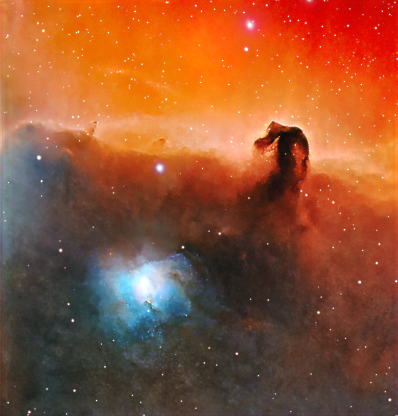 Close-up astrophotography of the Horsehead Nebula showing detailed dark dust silhouette against red hydrogen emission 