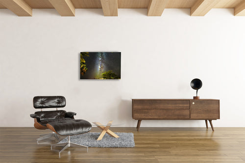 Milky Way over Pacific Ocean fine art astrophotography print showing galactic core rising over ocean horizon displayed in a modern interior