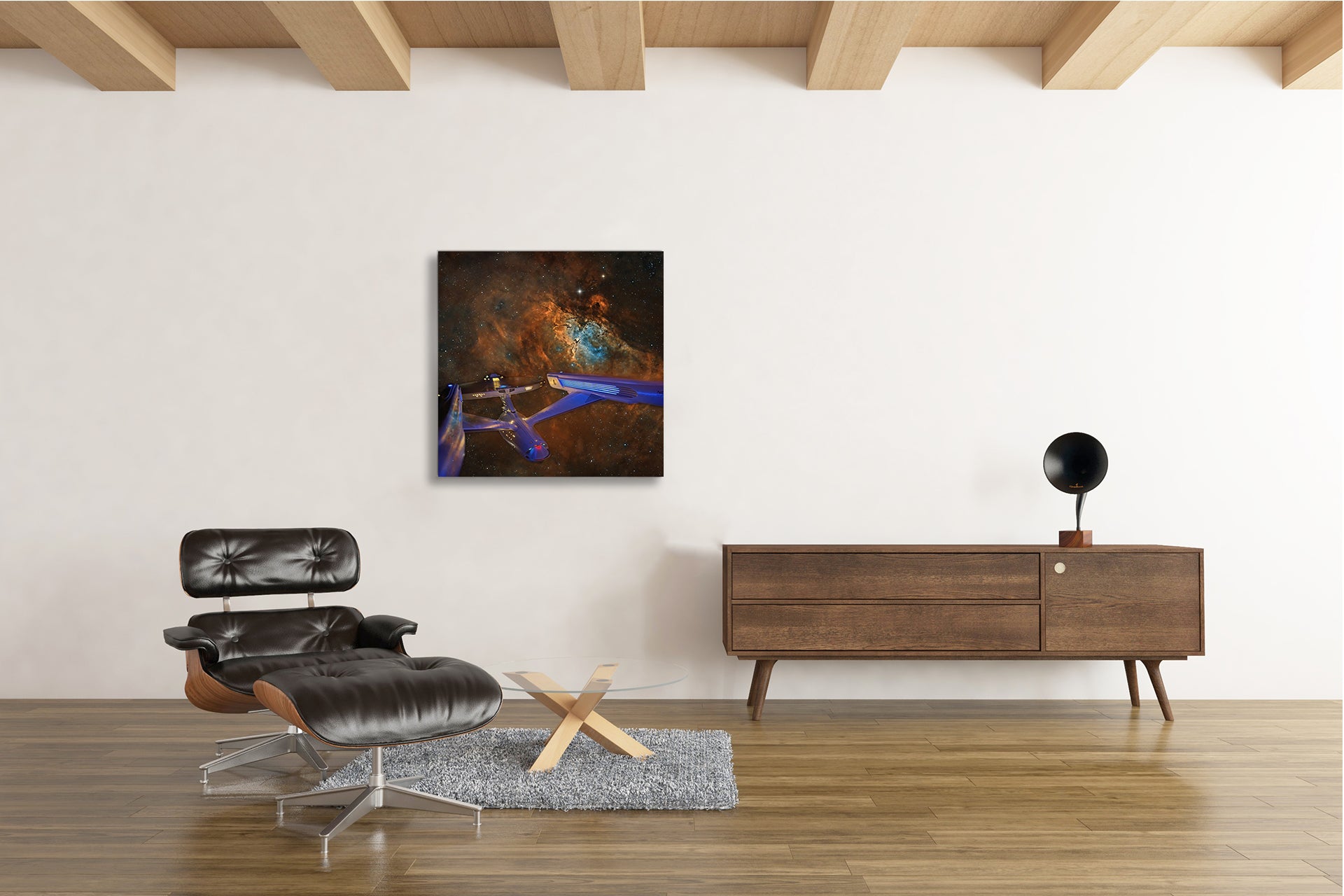 Framed wall art of the Enterprise flying through the Eagle Nebula displayed in a modern living room interior