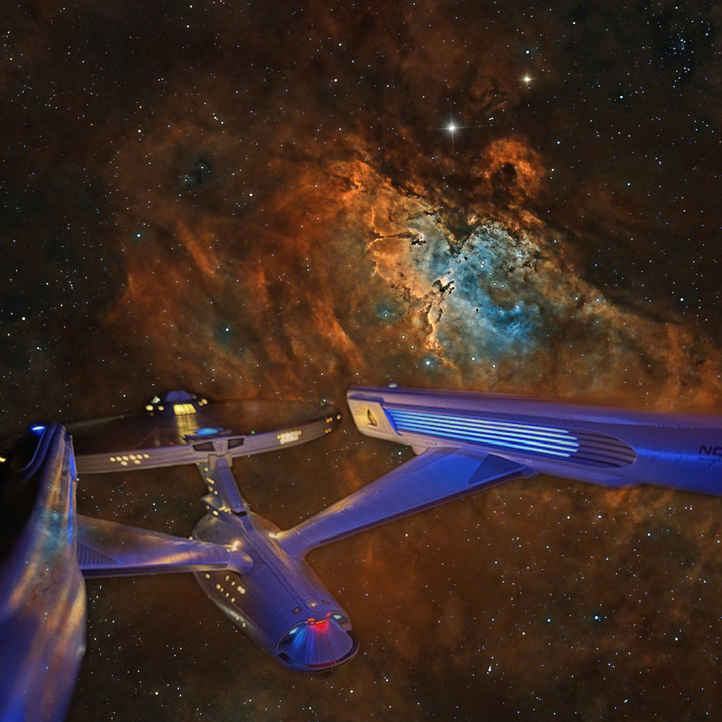 Enterprise model flying near the Pillars of Creation in the Eagle Nebula, a cinematic composite of real astrophotography