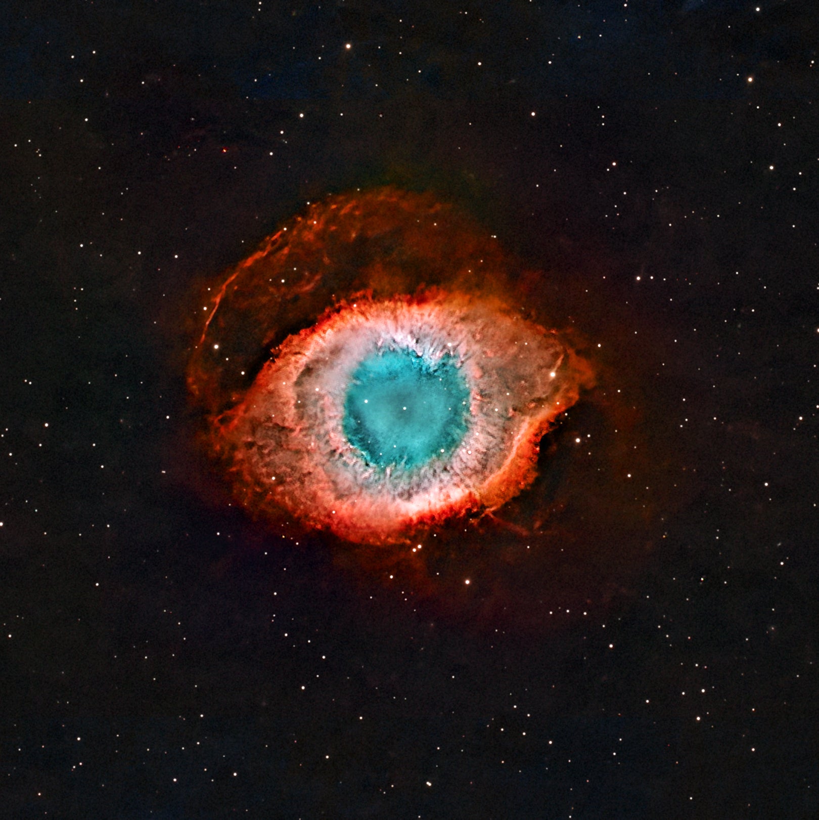 Helix Nebula fine art astrophotography print showing teal core and red outer shell in a square composition resembling an eye in deep space