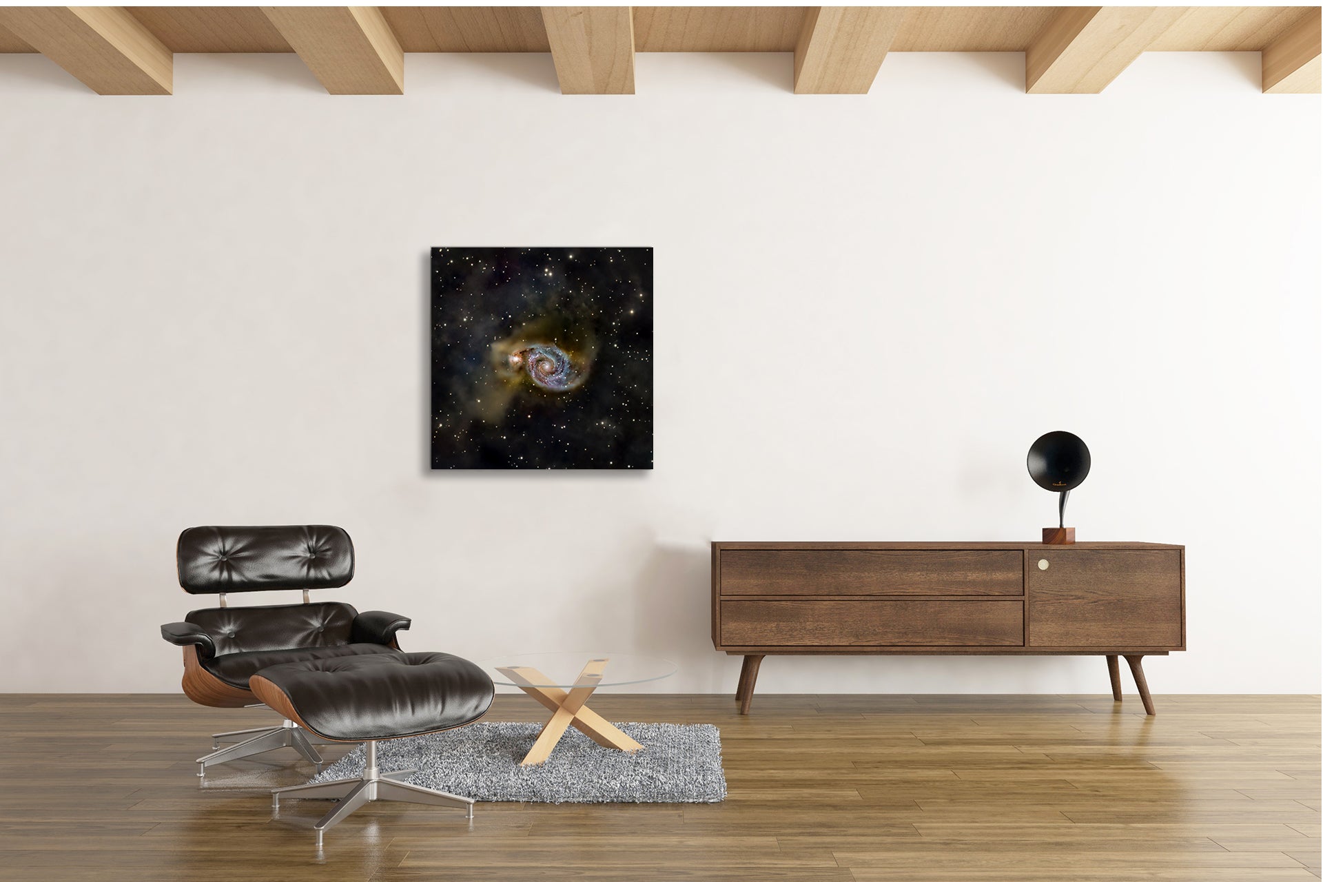 Whirlpool Galaxy M51 fine art astrophotography print showing spiral galaxy structure and companion galaxy displayed in a modern interior