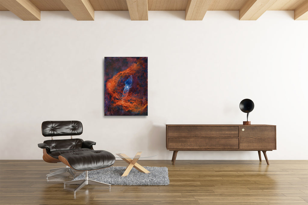 Abyss Within the Flame Flying Bat and Squid Nebula fine art astrophotography print showing red hydrogen clouds and blue oxygen jets in Cepheus displayed in a modern interior 
