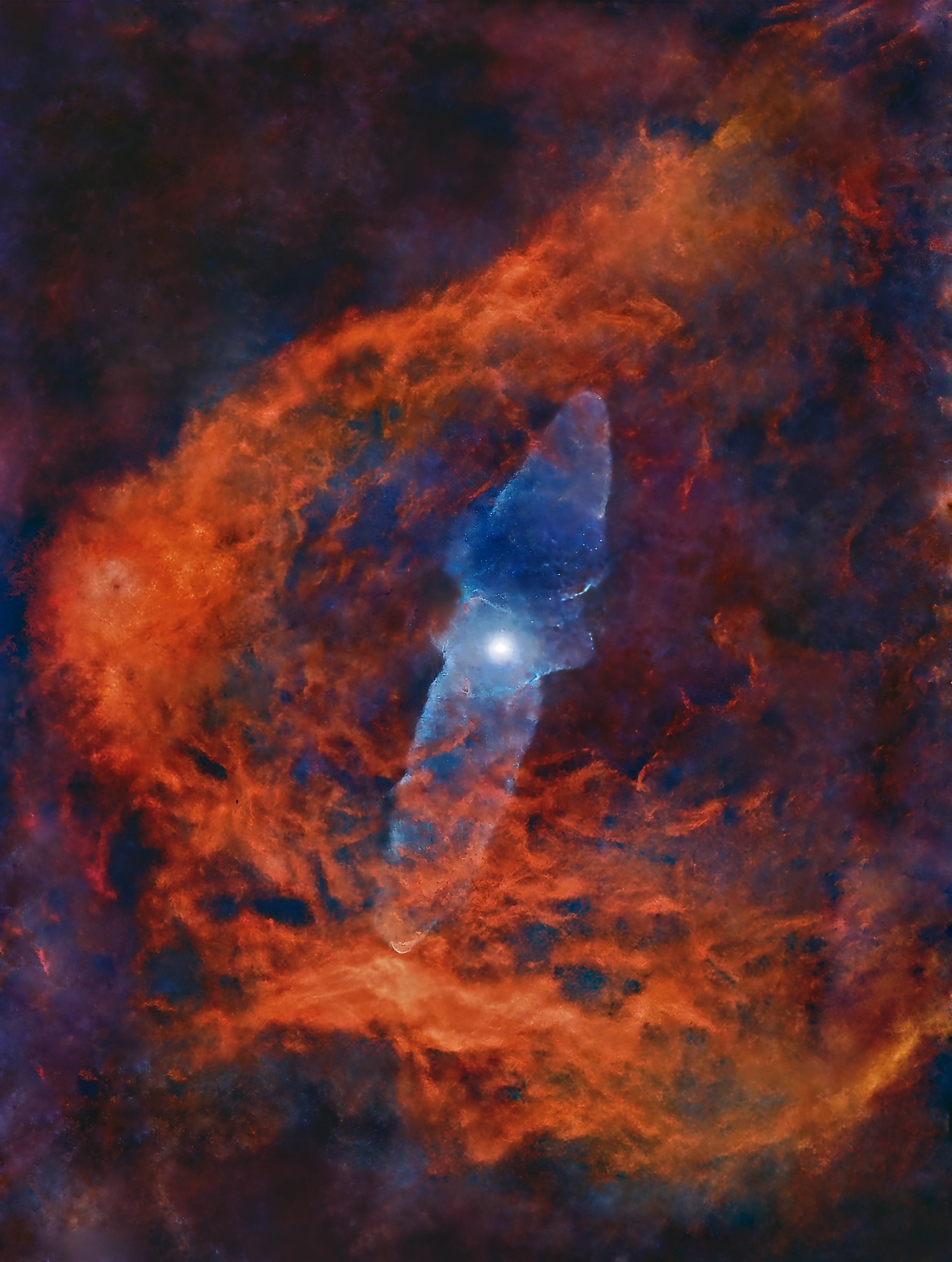 Abyss Within the Flame Flying Bat and Squid Nebula fine art astrophotography print showing red hydrogen clouds and blue oxygen jets in Cepheus