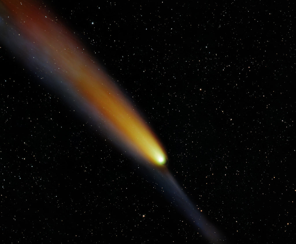 Comet C/2023 A3 Tsuchinshan-ATLAS fine art astrophotography print by Astroshap showing luminous golden dust tail and blue ion tail