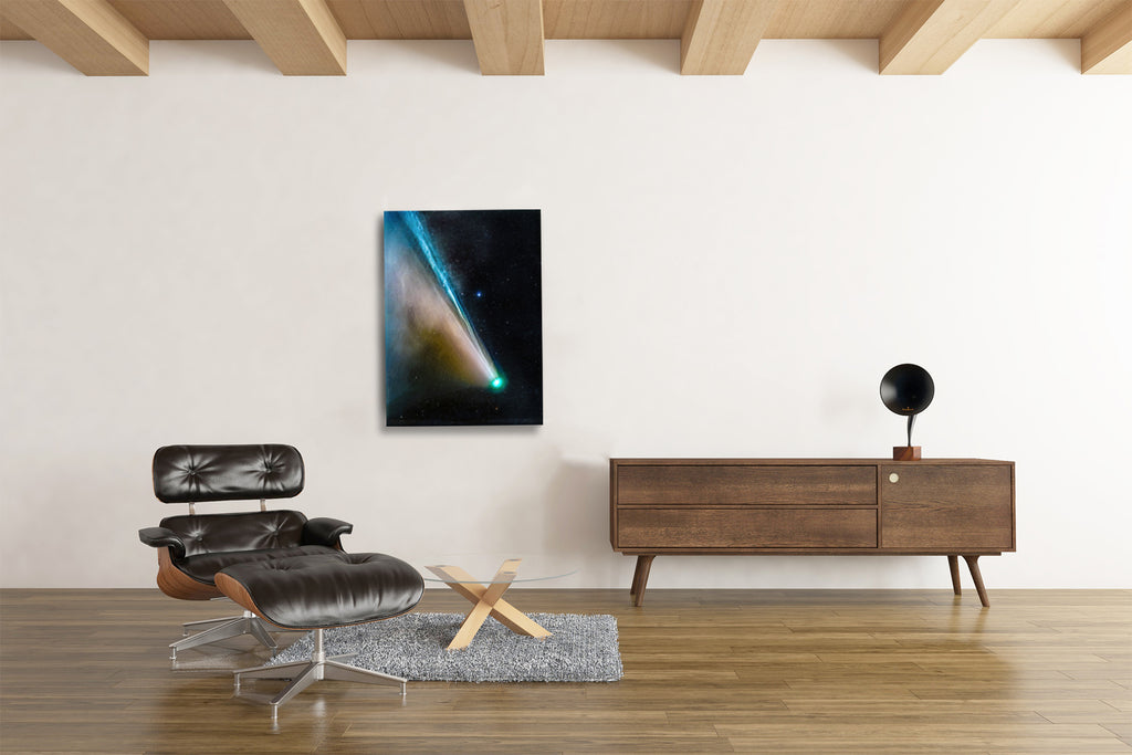 Comet NEOWISE fine art astrophotography print displayed in modern interior 