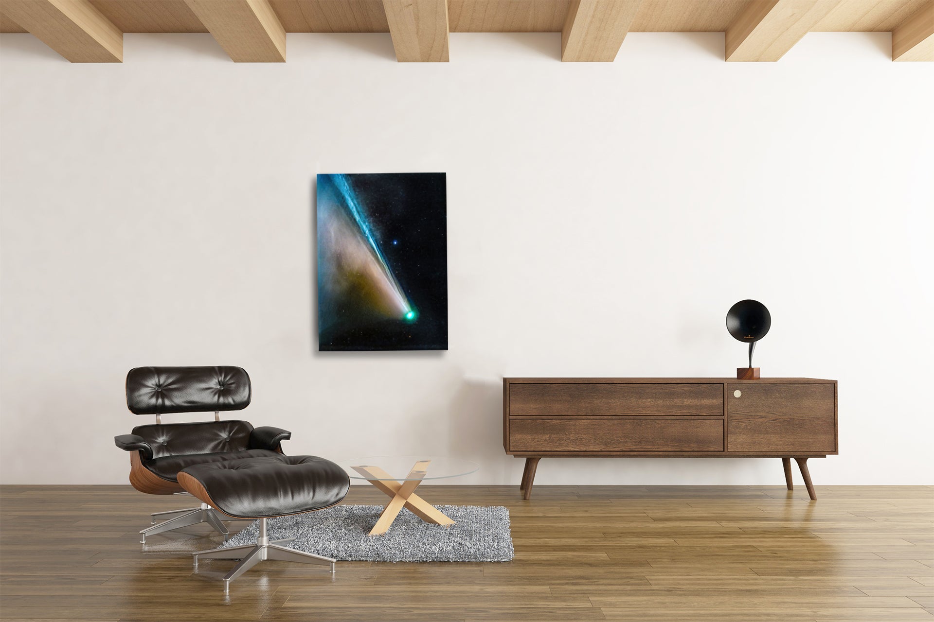 Comet NEOWISE fine art astrophotography print displayed in modern interior 