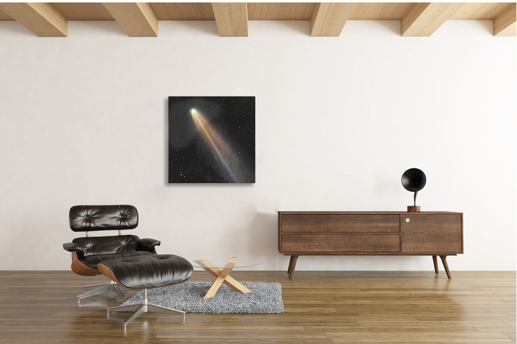 Comet C/2025 A6 (Lemmon) with a fading dust tail captured at twilight over the western horizon displayed in a modern interior.