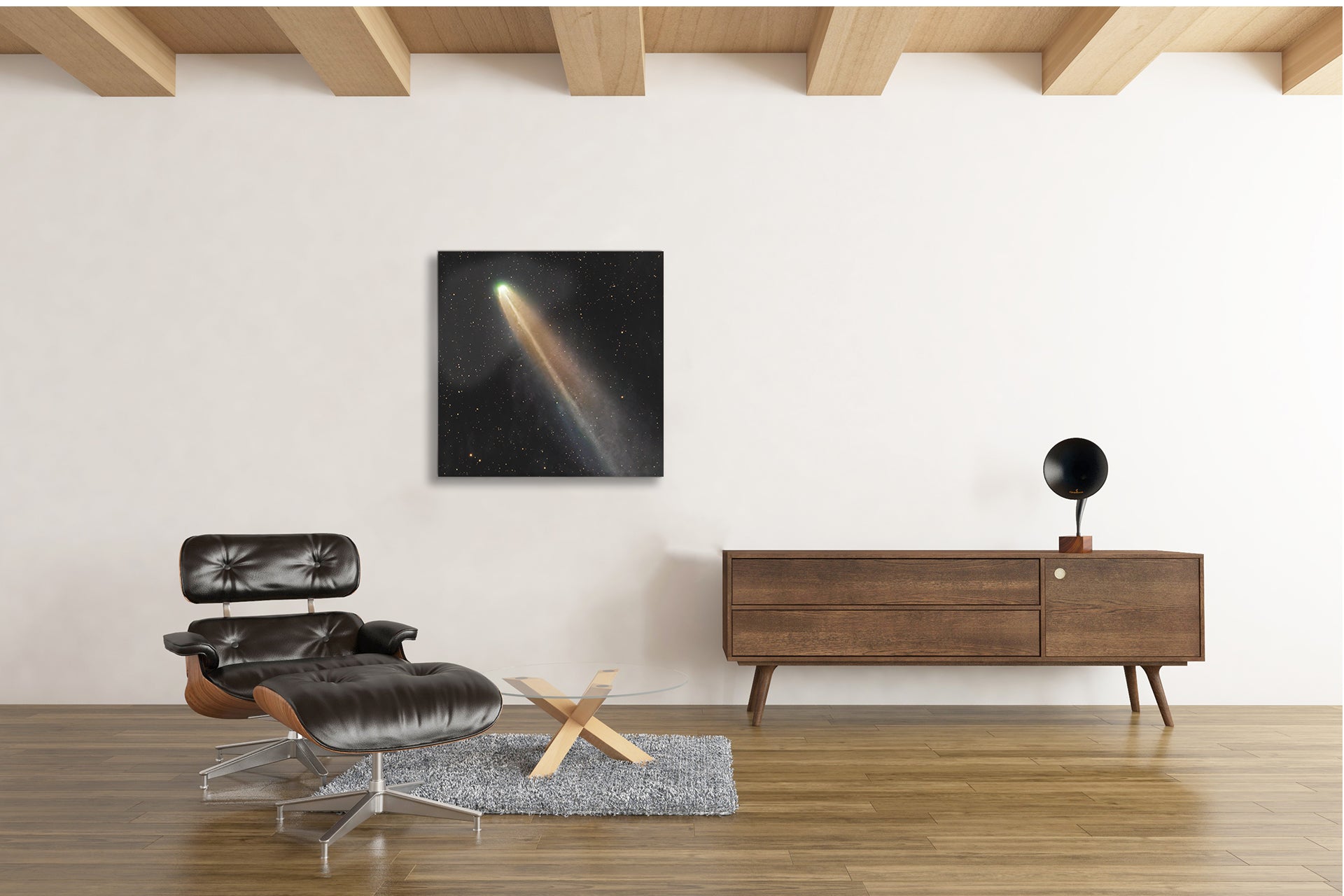 Comet C/2025 A6 (Lemmon) with a fading dust tail captured at twilight over the western horizon displayed in a modern interior.