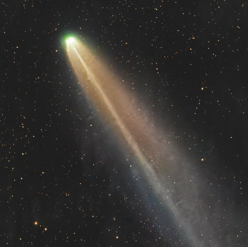 Comet C/2025 A6 (Lemmon) with a fading dust tail captured at twilight over the western horizon. 
