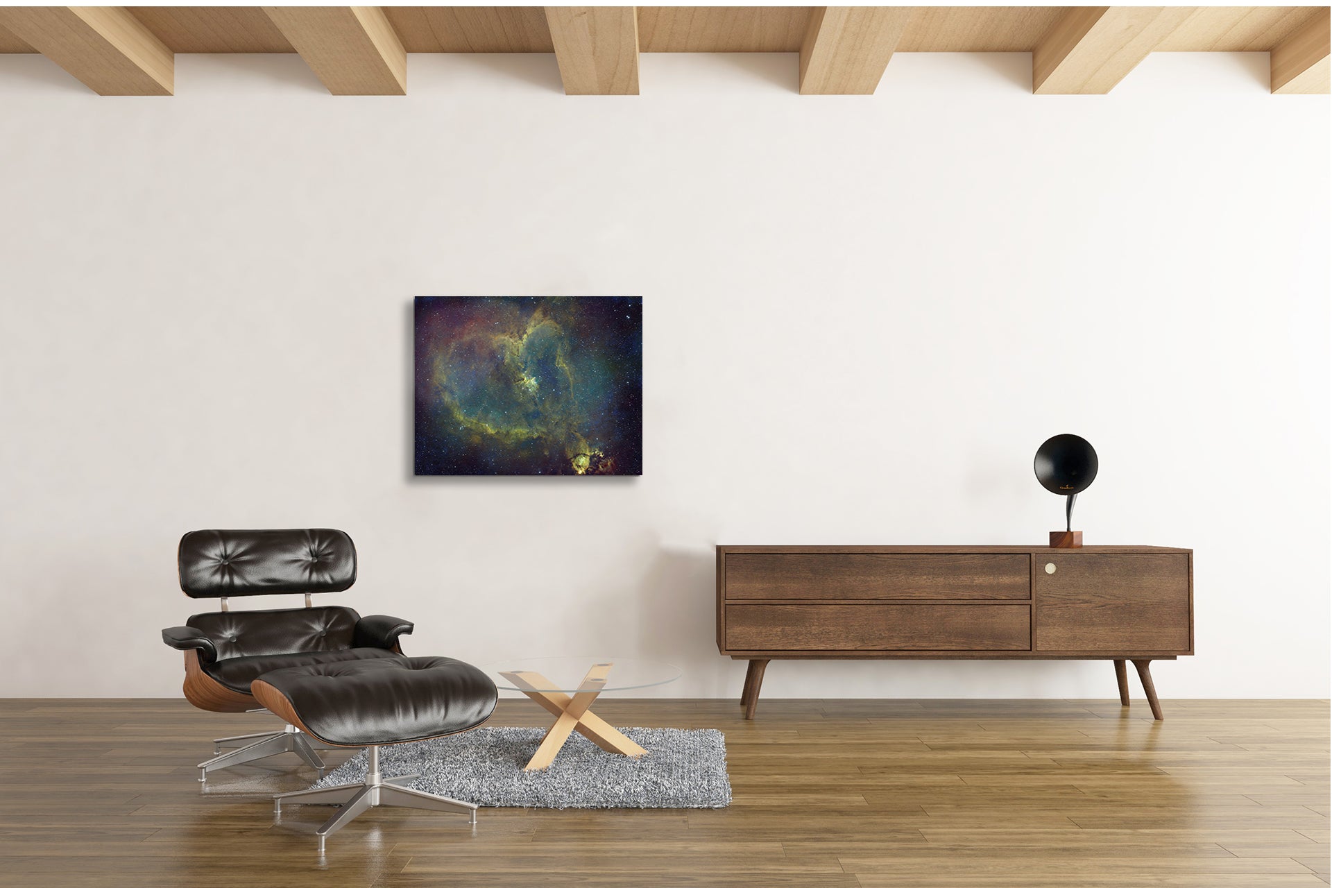 Heart Nebula in Cassiopeia, captured through hydrogen alpha, showing star formation, fine art astrophotography wall print displayed in a modern interior