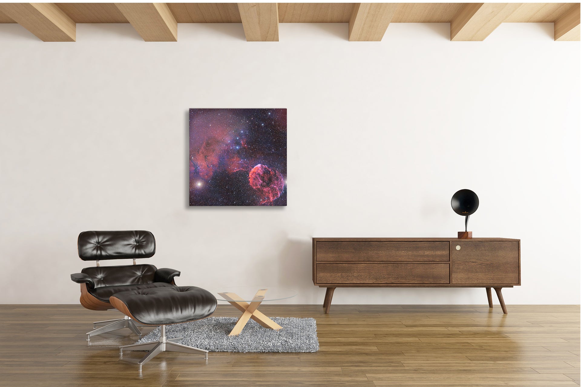 Jellyfish Nebula fine art print metallic print IC 443 astrophotography displayed in a modern interior 