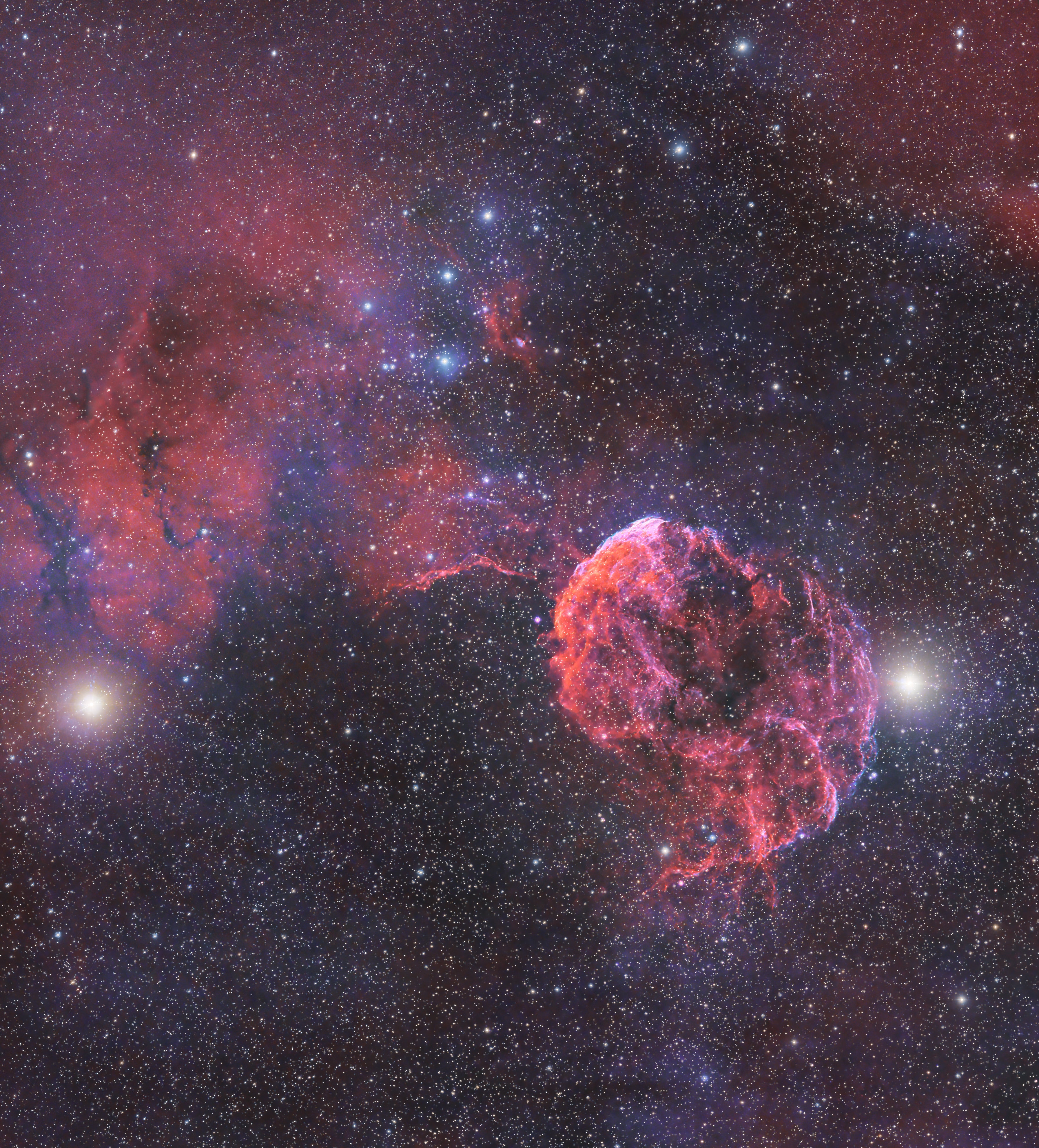 Ethereal Wanderer Jellyfish Nebula IC 443 fine art astrophotography print showing glowing red supernova remnant in Gemini