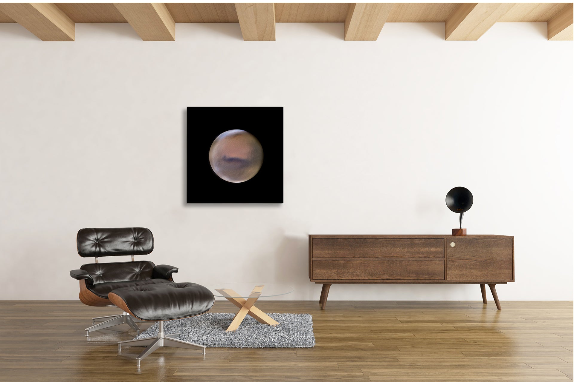 Mars close-up showing surface detail and tonal variation displayed in a modern interior 