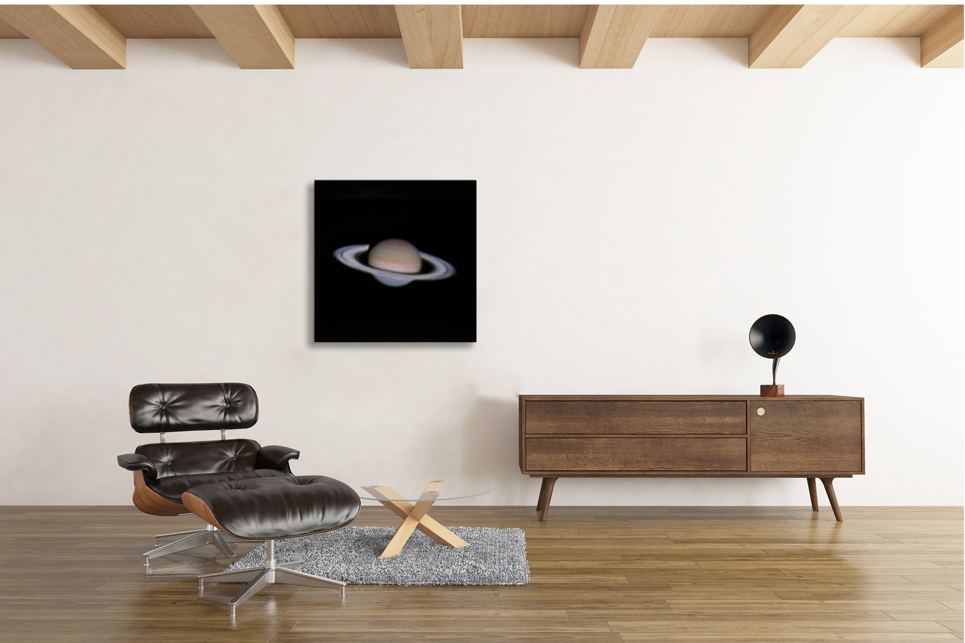 High-resolution astrophotography image of Saturn and its rings against a dark space background displayed in a moder interior 