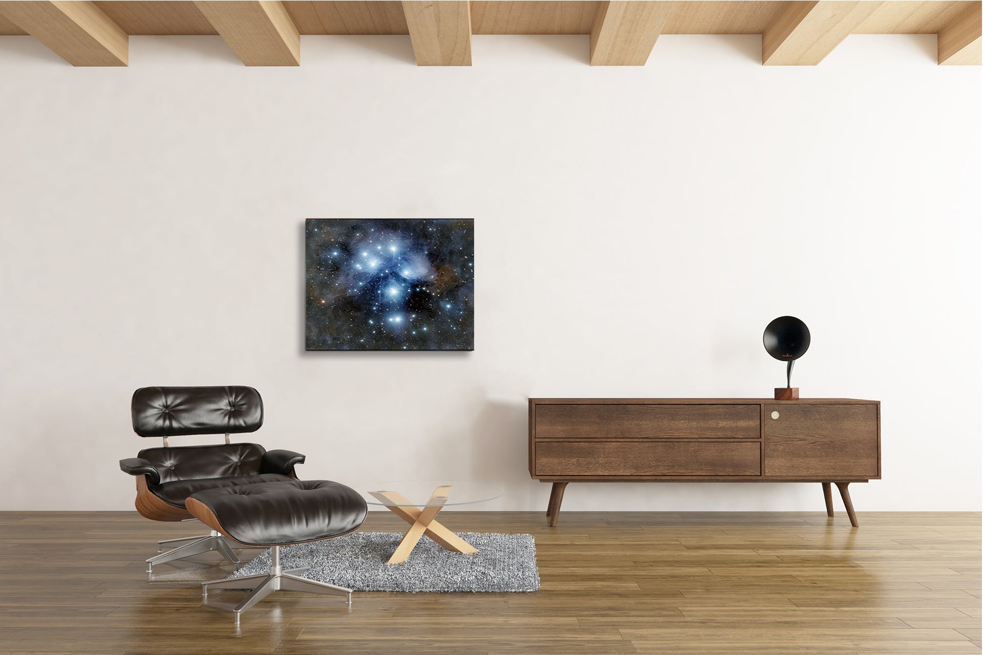 Pleiades star cluster Seven Sisters fine art astrophotography print reflection nebula Taurus displayed in a modern interior