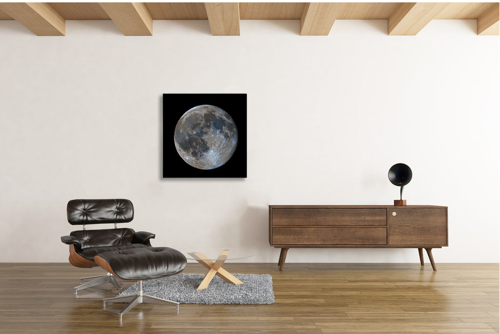 Mineral Moon fine art astrophotography print showing enhanced lunar surface colors revealing mineral composition